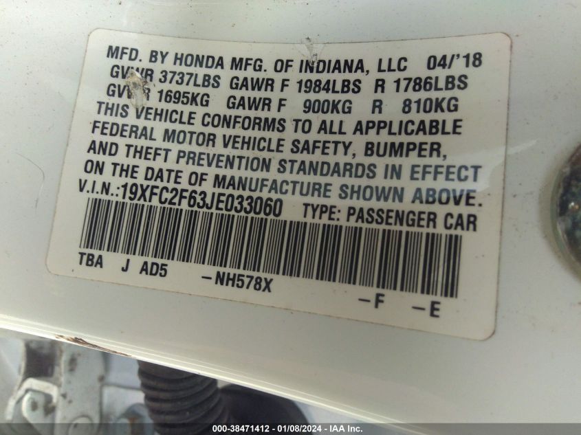 2018 HONDA CIVIC LX - 19XFC2F63JE033060