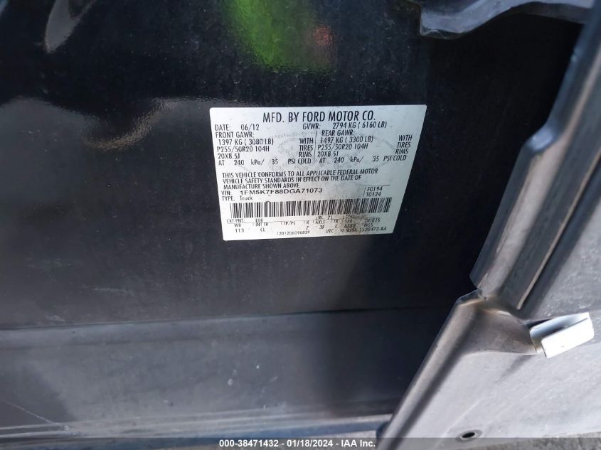 2013 FORD EXPLORER LIMITED - 1FM5K7F88DGA71073