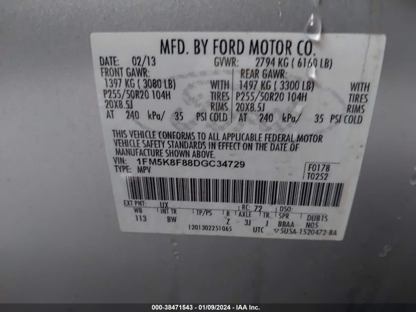 2013 FORD EXPLORER LIMITED - 1FM5K8F88DGC34729
