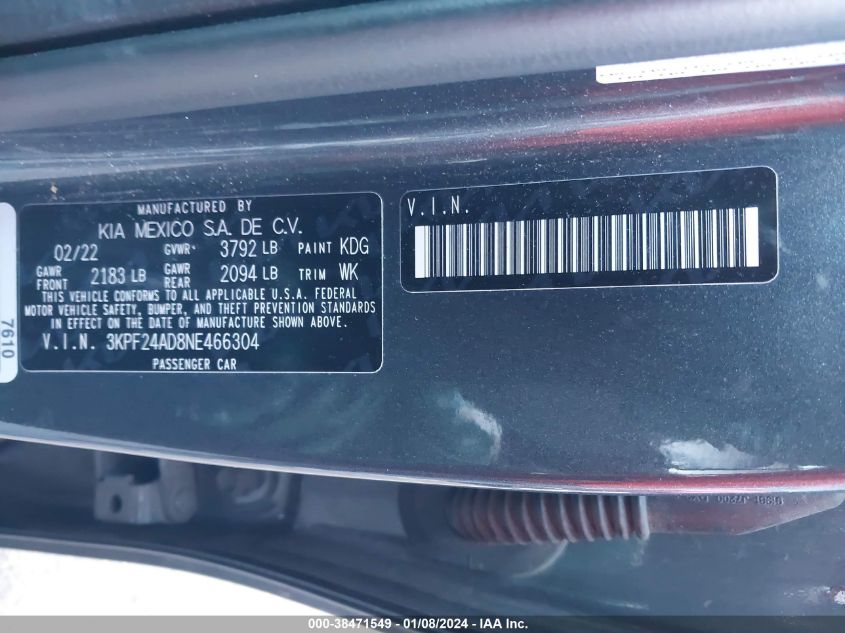 2022 KIA FORTE FE/LXS - 3KPF24AD8NE466304
