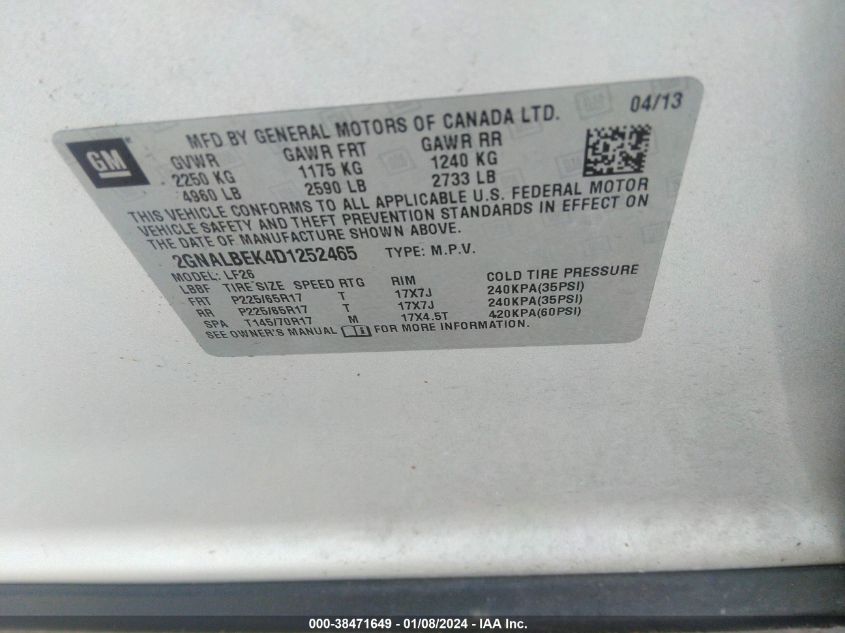 2013 CHEVROLET EQUINOX LS - 2GNALBEK4D1252465