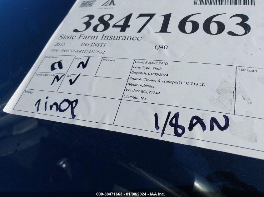 2015 INFINITI Q40 JN1CV6AR1FM522932