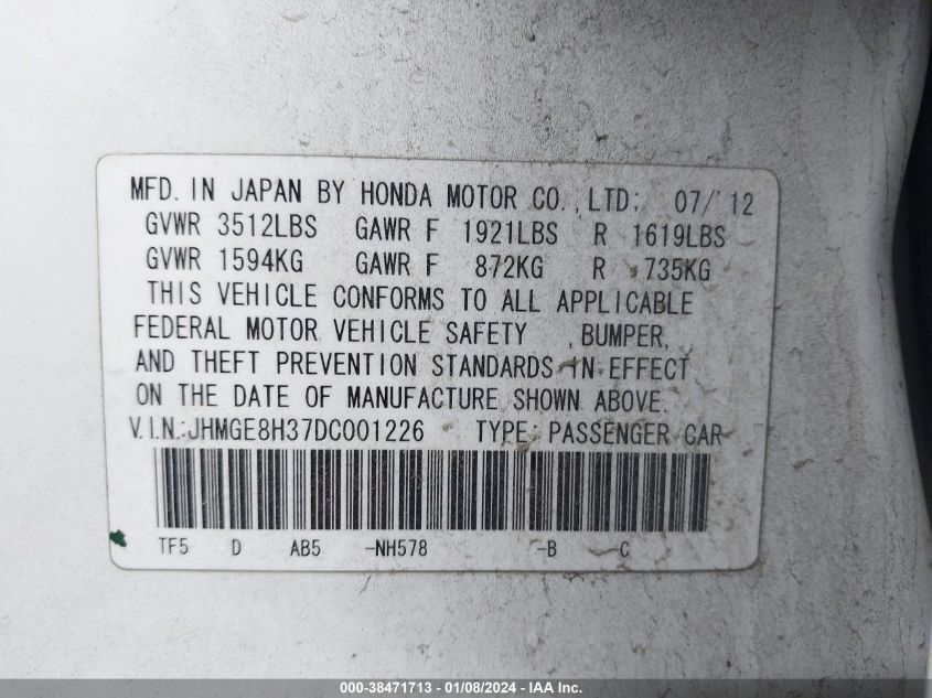 2013 HONDA FIT - JHMGE8H37DC001226