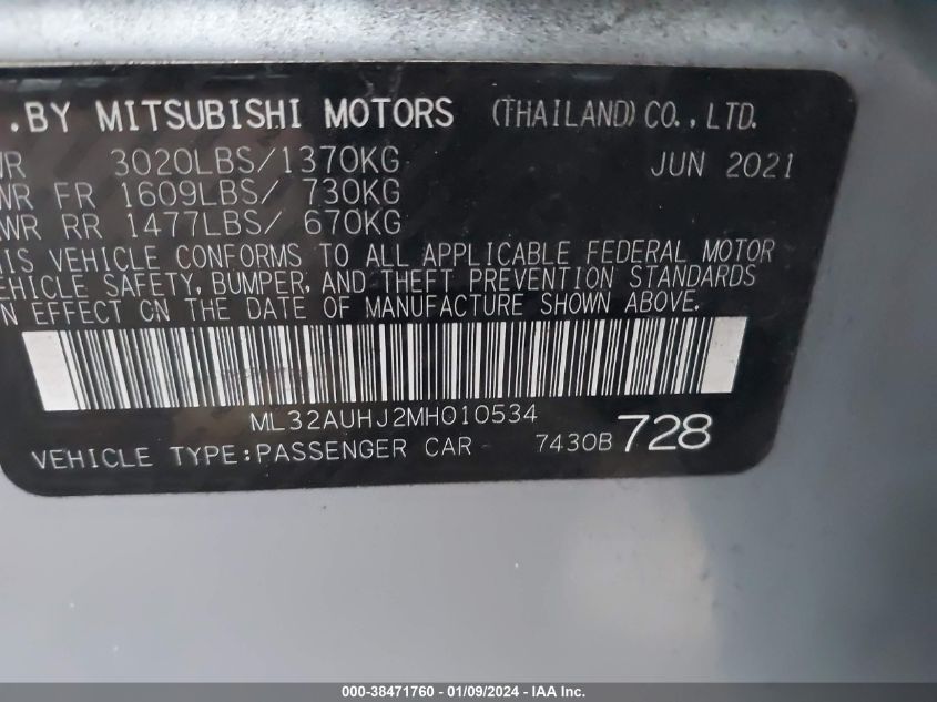 2021 MITSUBISHI MIRAGE ES/LE/CARBONITE EDITION - ML32AUHJ2MH010534