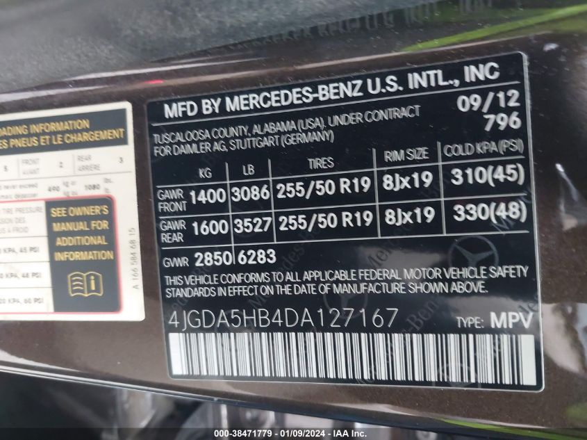 2013 MERCEDES-BENZ ML 350 4MATIC 4JGDA5HB4DA127167