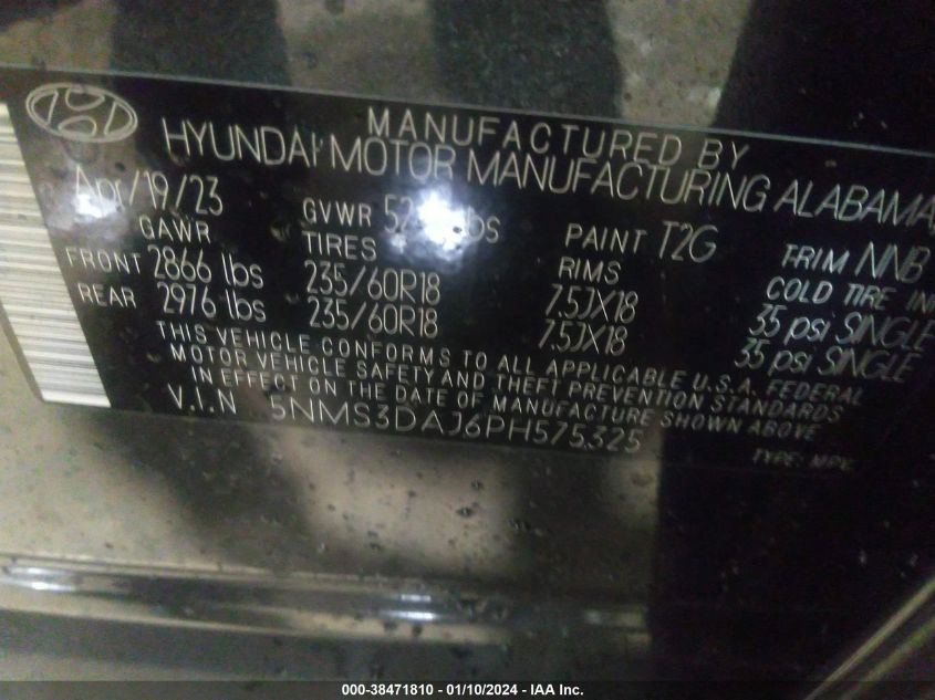 5NMS3DAJ6PH575325 Hyundai Santa Fe SEL 9