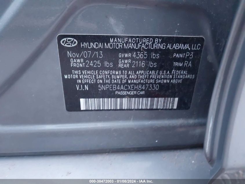 2014 HYUNDAI SONATA GLS - 5NPEB4ACXEH847330