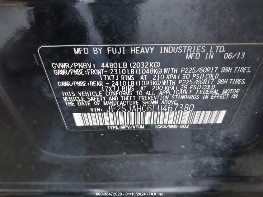 2014 SUBARU FORESTER 2.5I LIMITED - JF2SJAHC6EH467380