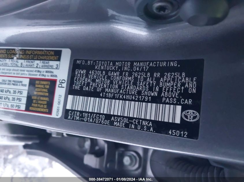 2017 TOYOTA CAMRY LE - 4T1BF1FK4HU421791