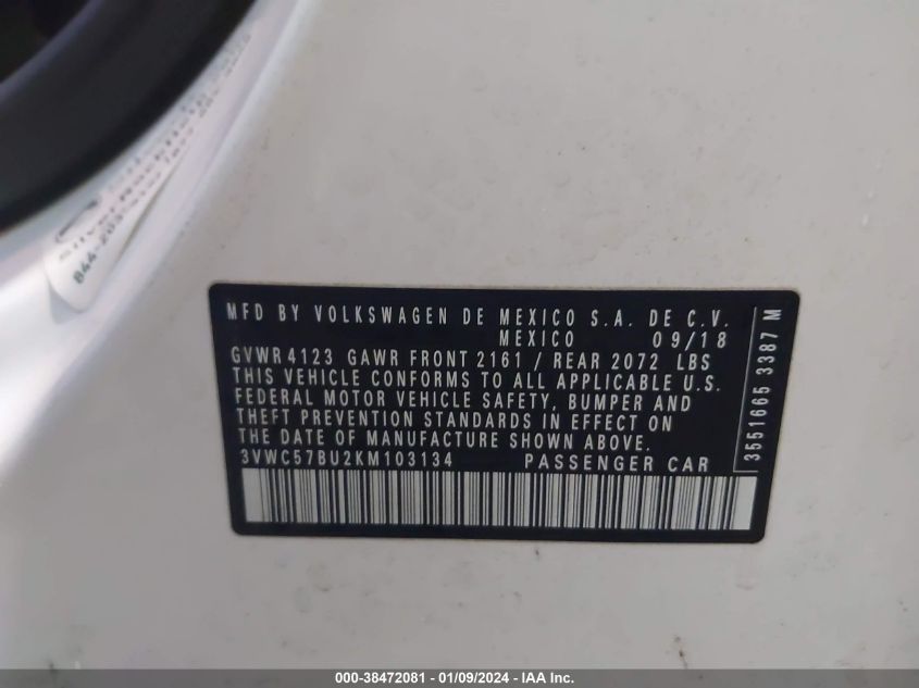 2019 VOLKSWAGEN JETTA 1.4T R-LINE/1.4T S/1.4T SE - 3VWC57BU2KM103134