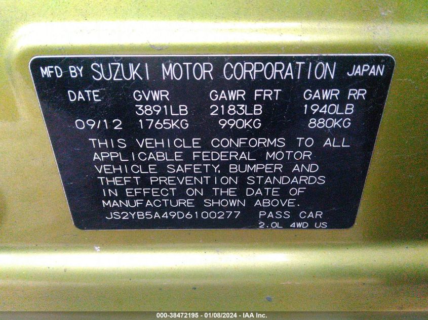 2013 SUZUKI SX4 TECH VALU PKG (NAV) JS2YB5A49D6100277