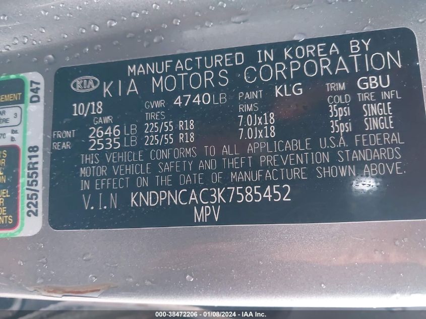 2019 KIA SPORTAGE EX - KNDPNCAC3K7585452