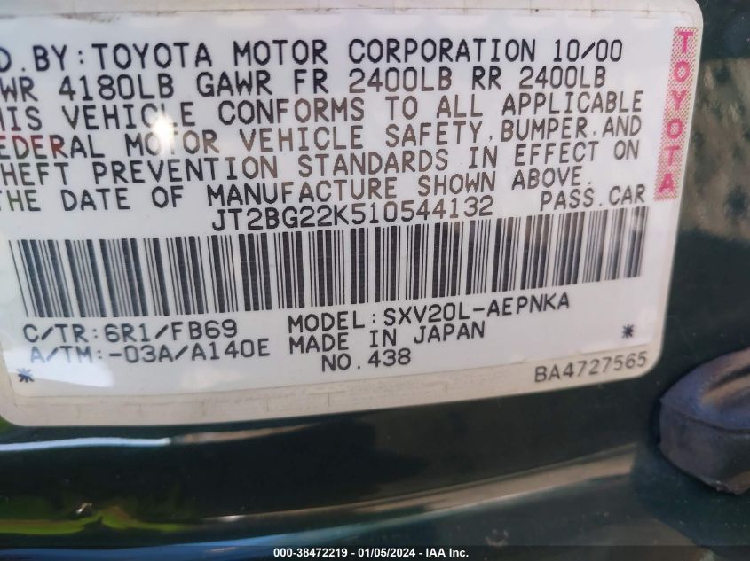 JT2BG22K510544132 | 2001 TOYOTA CAMRY