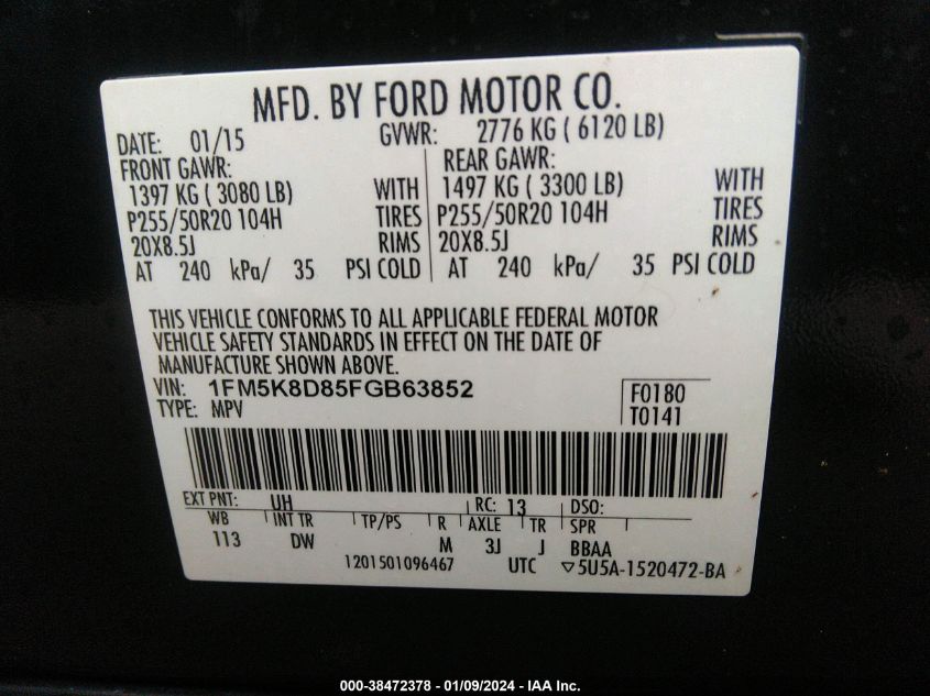 2015 FORD EXPLORER XLT - 1FM5K8D85FGB63852