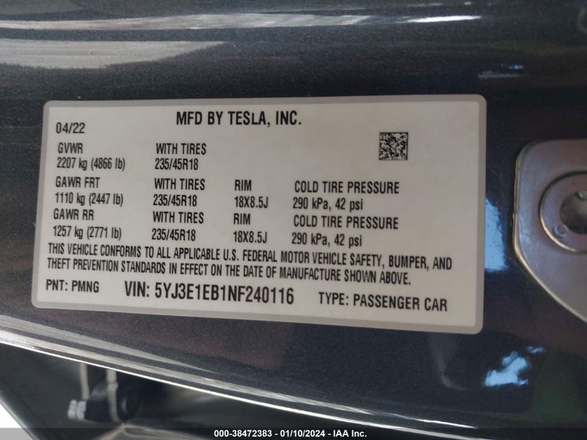 2022 TESLA MODEL 3 - 5YJ3E1EB1NF240116