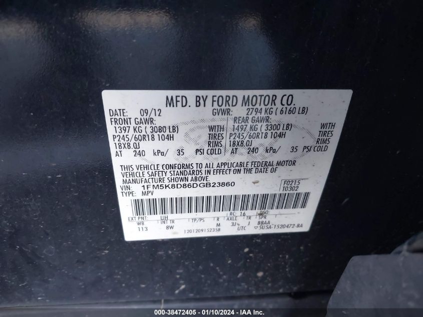 2013 FORD EXPLORER XLT - 1FM5K8D86DGB23860