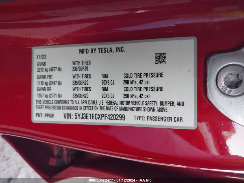 2023 TESLA MODEL 3 - 5YJ3E1ECXPF420299