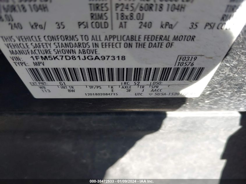 2018 FORD EXPLORER XLT - 1FM5K7D81JGA97318
