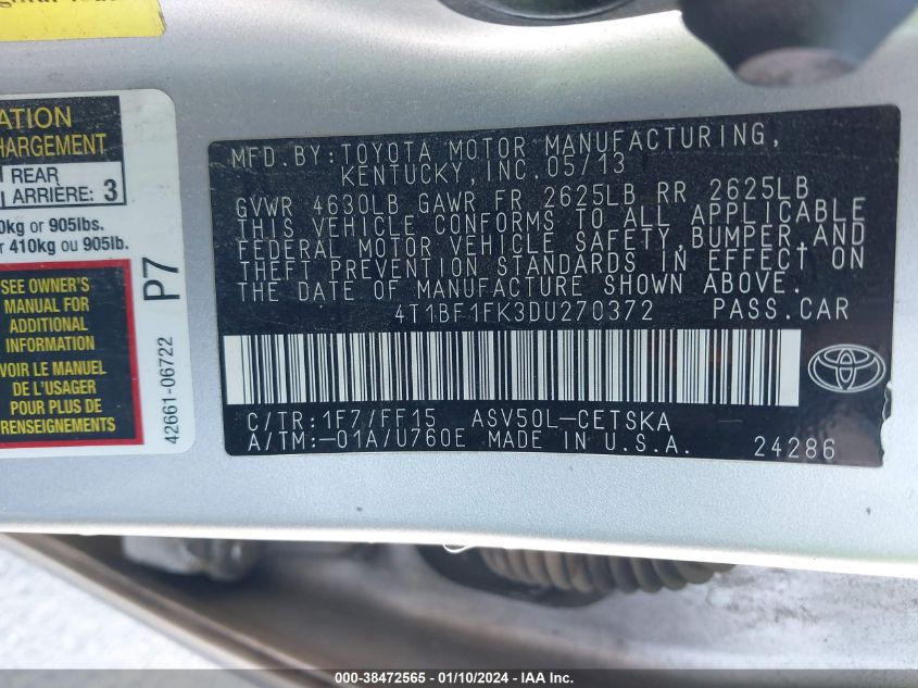 2013 TOYOTA CAMRY SE - 4T1BF1FK3DU270372