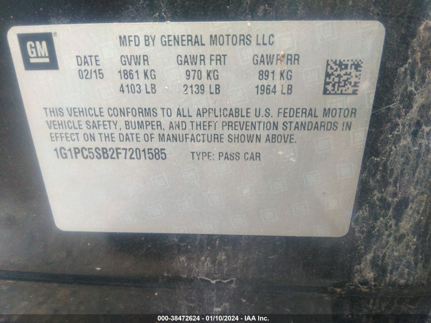 2015 CHEVROLET CRUZE 1LT AUTO - 1G1PC5SB2F7201585