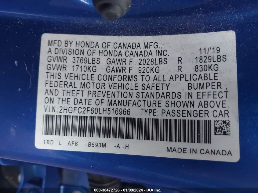 2020 HONDA CIVIC LX - 2HGFC2F60LH516966