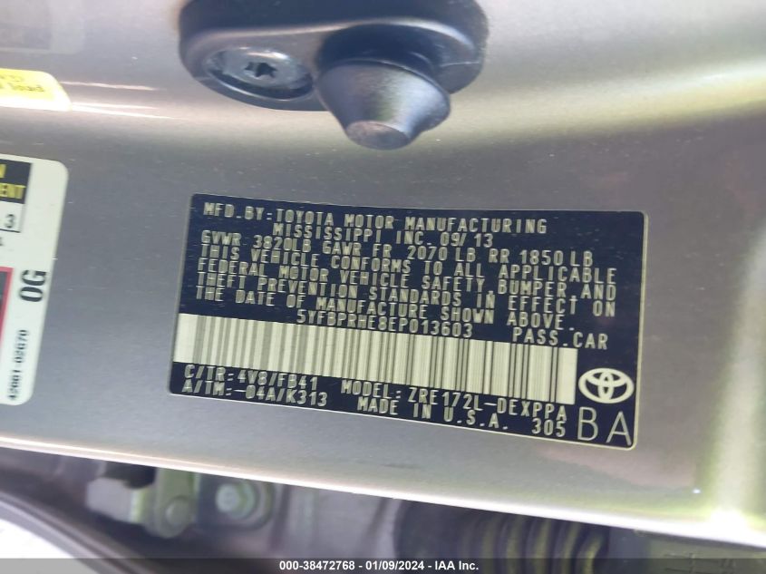 2014 TOYOTA COROLLA LE ECO PLUS - 5YFBPRHE8EP013603