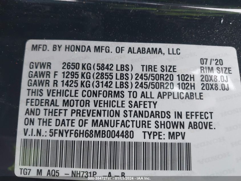 2021 HONDA PILOT TOURING - 5FNYF6H68MB004480