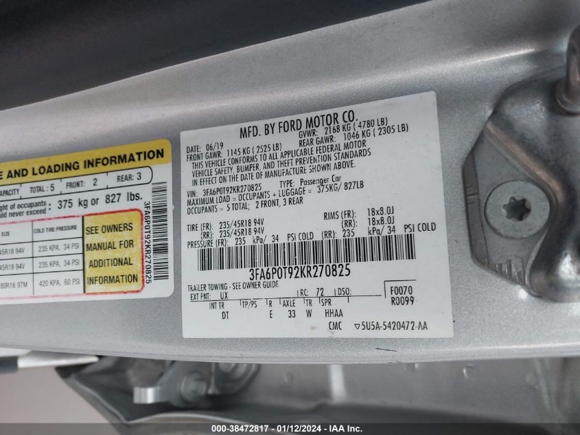 2019 FORD FUSION SE - 3FA6P0T92KR270825