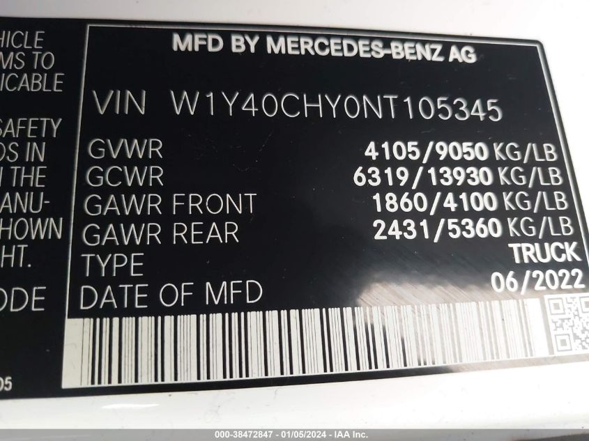 2022 MERCEDES-BENZ SPRINTER 2500 HIGH ROOF I4 - W1Y40CHY0NT105345