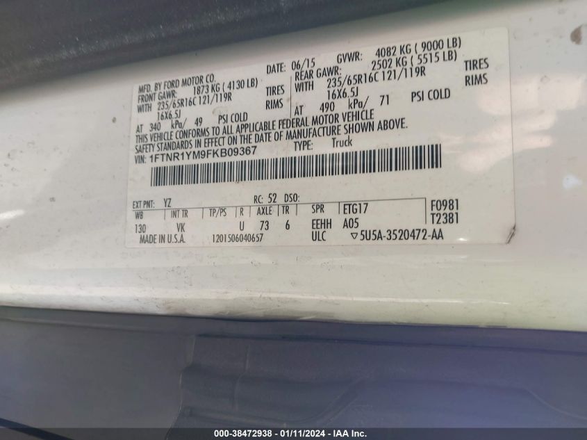 2015 FORD TRANSIT-250 - 1FTNR1YM9FKB09367