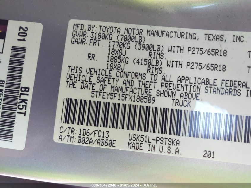 2015 TOYOTA TUNDRA SR5 5.7L V8 - 5TFEY5F15FX188509