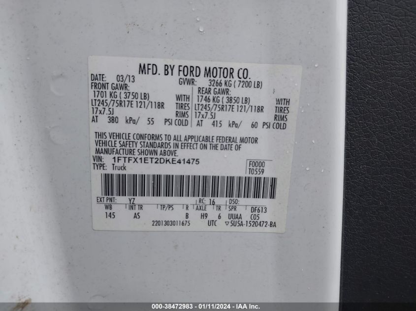 1FTFX1ET2DKE41475 | 2013 FORD F-150