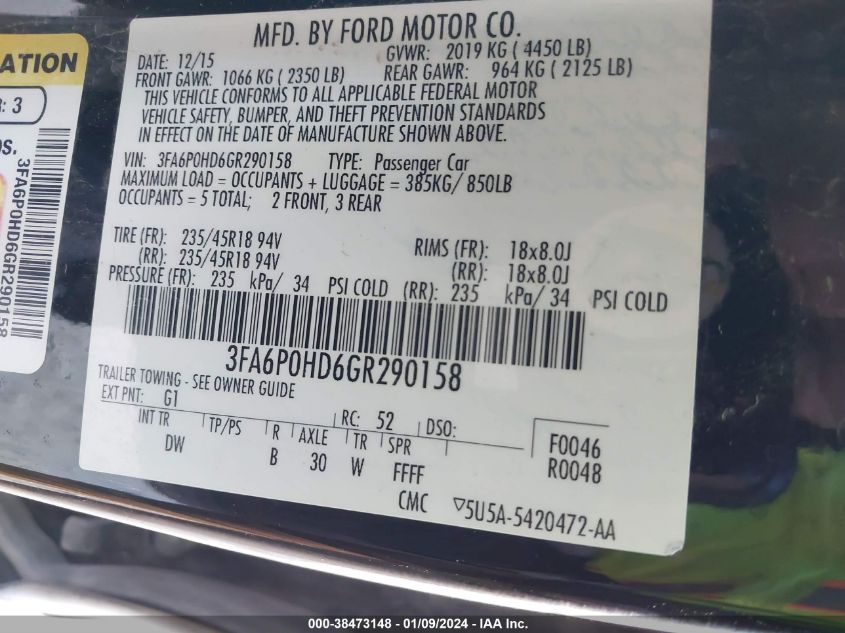 2016 FORD FUSION SE - 3FA6P0HD6GR290158