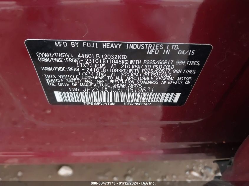 2015 SUBARU FORESTER 2.5I PREMIUM - JF2SJADC3FH819631
