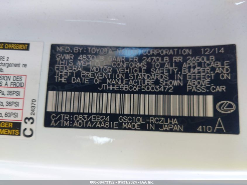 2015 LEXUS RC 350 - JTHHE5BC6F5003472