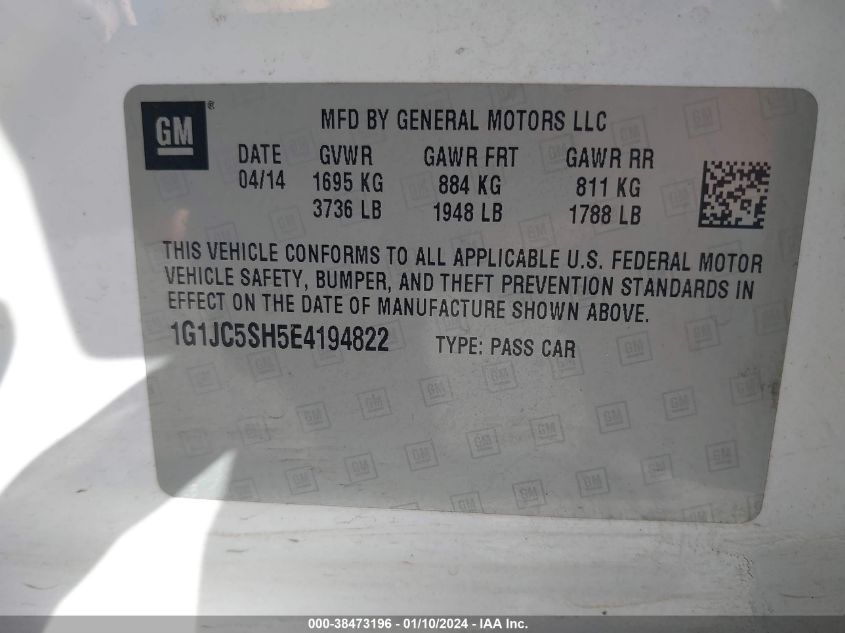 2014 CHEVROLET SONIC LT AUTO - 1G1JC5SH5E4194822