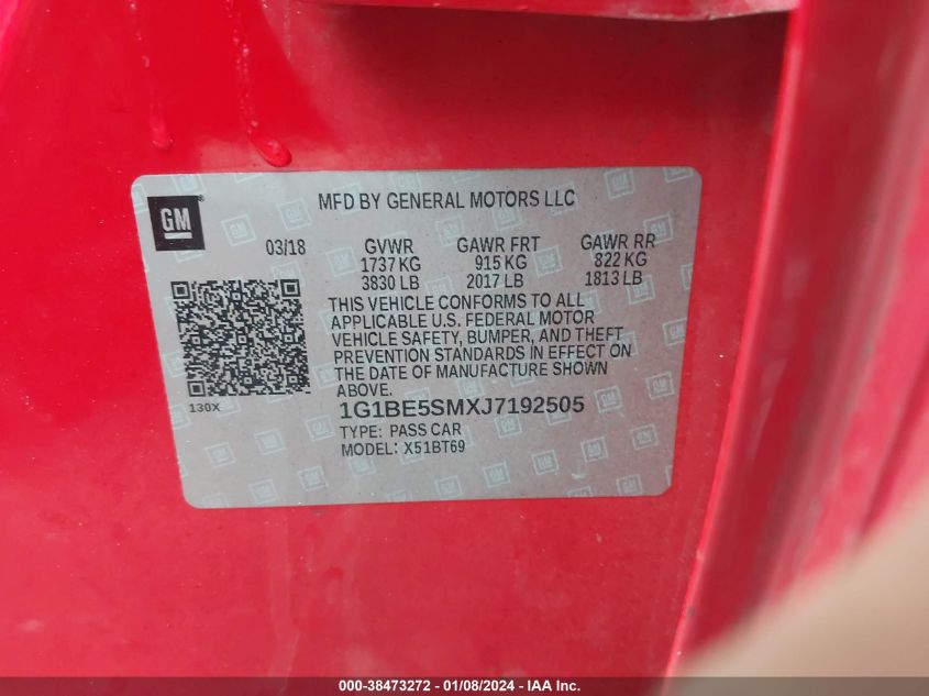 2018 CHEVROLET CRUZE LT - 1G1BE5SMXJ7192505