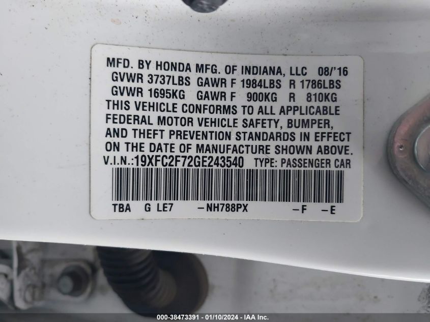 2016 HONDA CIVIC EX - 19XFC2F72GE243540