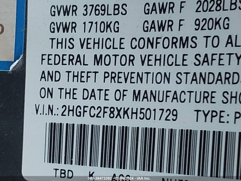 2019 HONDA CIVIC SPORT - 2HGFC2F8XKH501729