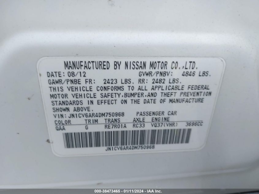 2013 INFINITI G37X - JN1CV6AR4DM750968