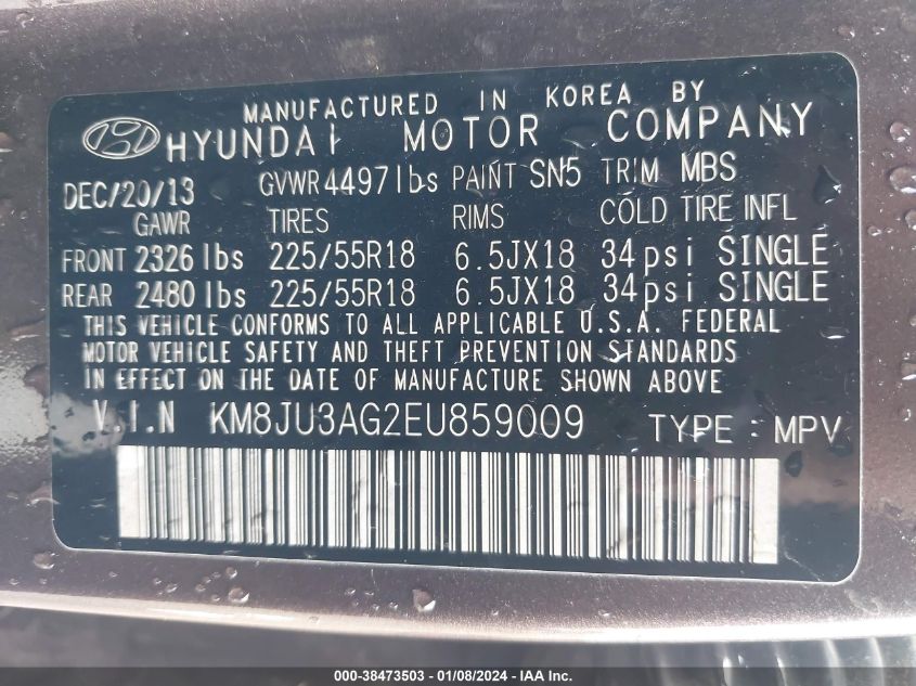 2014 HYUNDAI TUCSON LIMITED - KM8JU3AG2EU859009