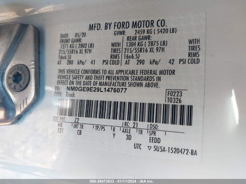 2020 FORD TRANSIT CONNECT XL - NM0GE9E29L1476077