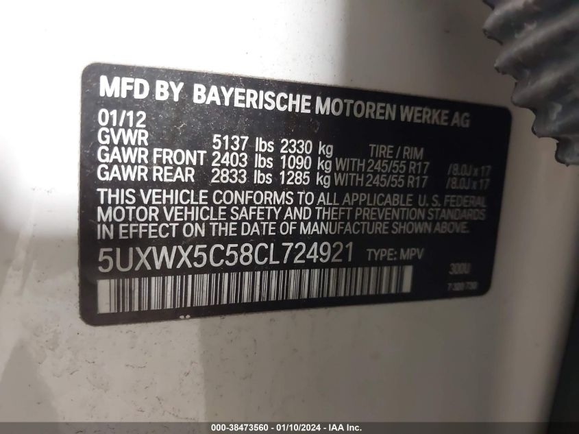 5UXWX5C58CL724921 2012 BMW X3, photo no. 9