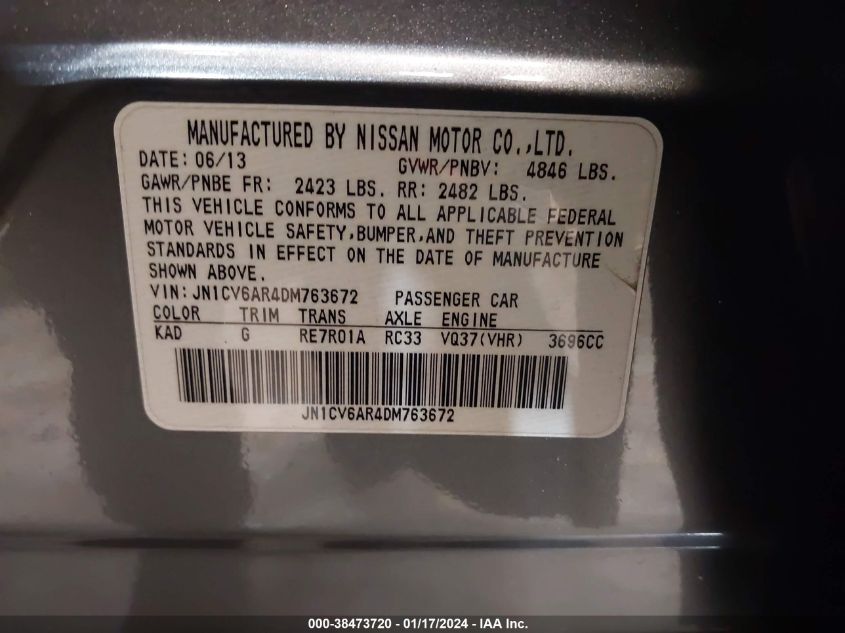 2013 INFINITI G37X - JN1CV6AR4DM763672