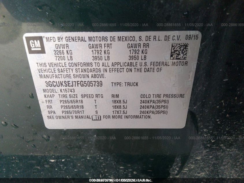 2015 CHEVROLET SILVERADO 1500 2LZ 3GCUKSEJ7FG505739