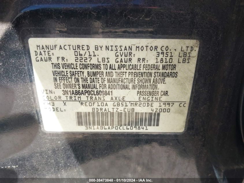 3N1AB6AP0CL609841 | 2012 NISSAN SENTRA