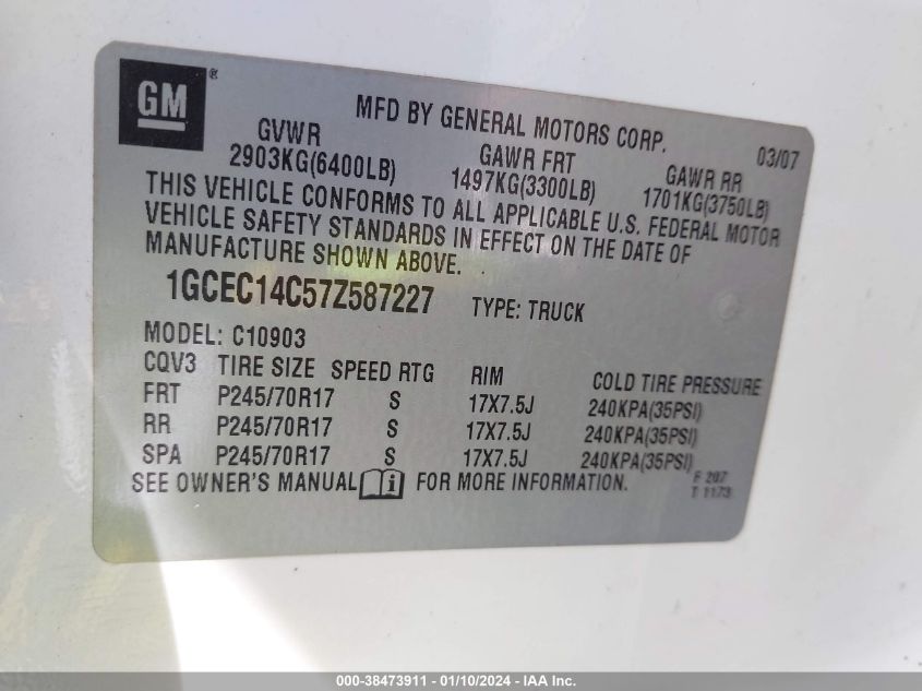 1GCEC14C57Z587227 | 2007 CHEVROLET SILVERADO 1500