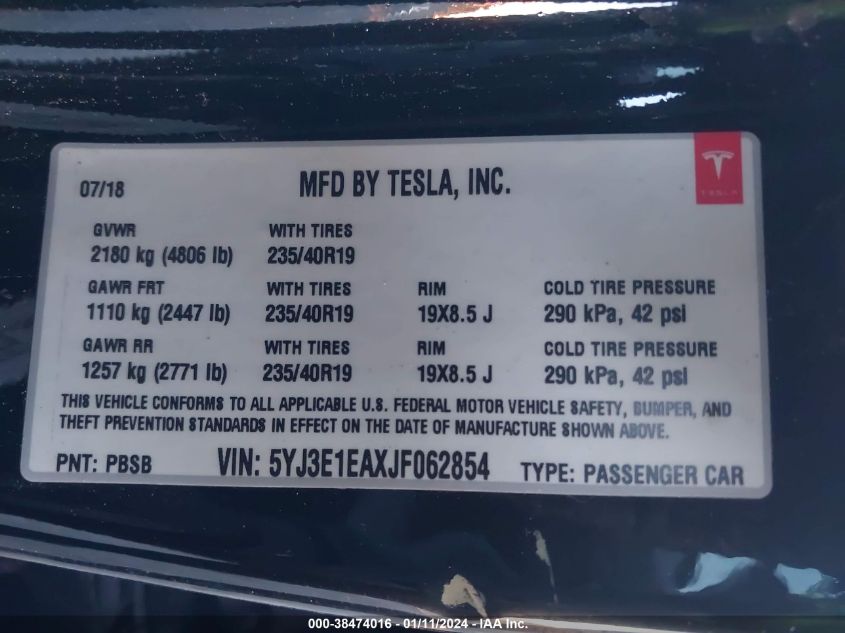 2018 TESLA MODEL 3 - 5YJ3E1EAXJF062854