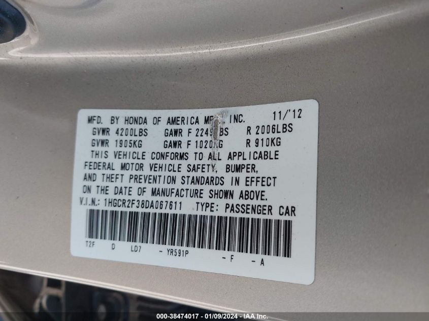 2013 HONDA ACCORD LX - 1HGCR2F38DA067611