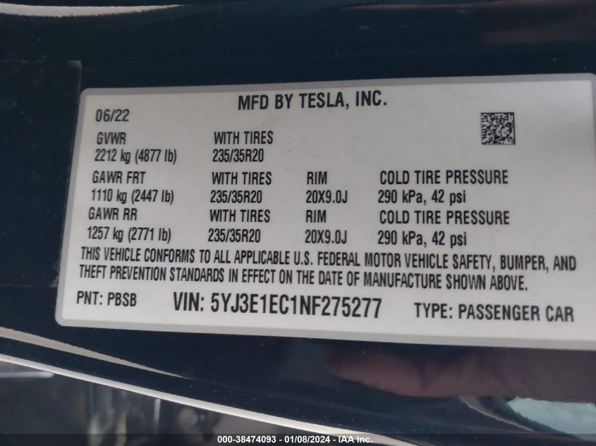 2022 TESLA MODEL 3 - 5YJ3E1EC1NF275277